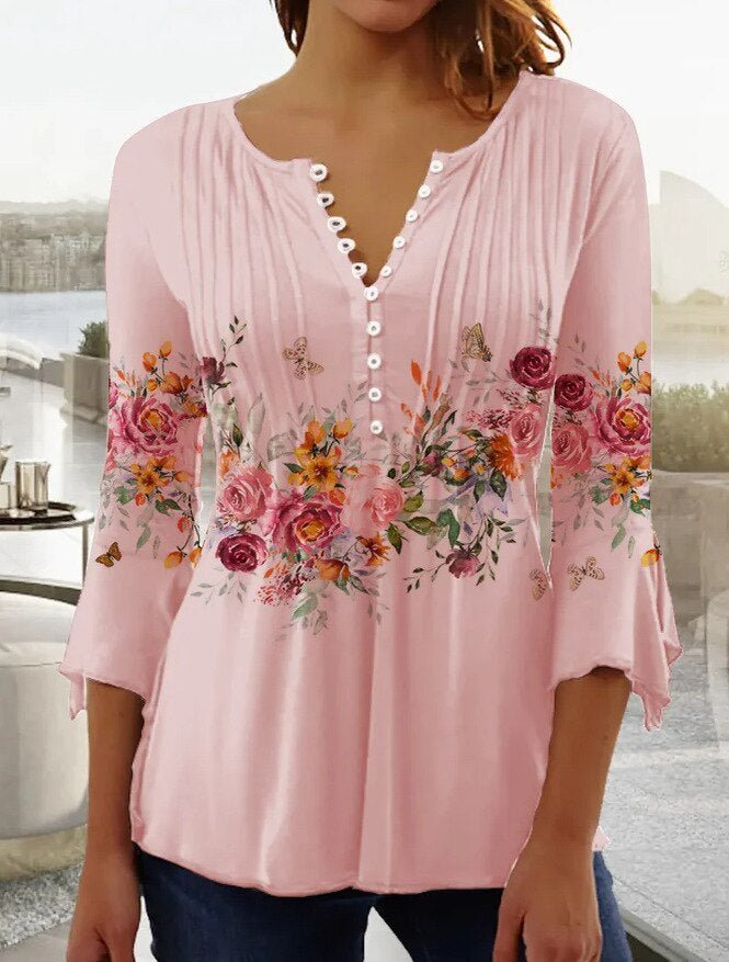 Effortless Blouse for Women Floral-Print Henley Long-Sleeve