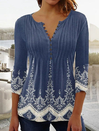 Effortless Blouse for Women Floral-Print Henley Long-Sleeve