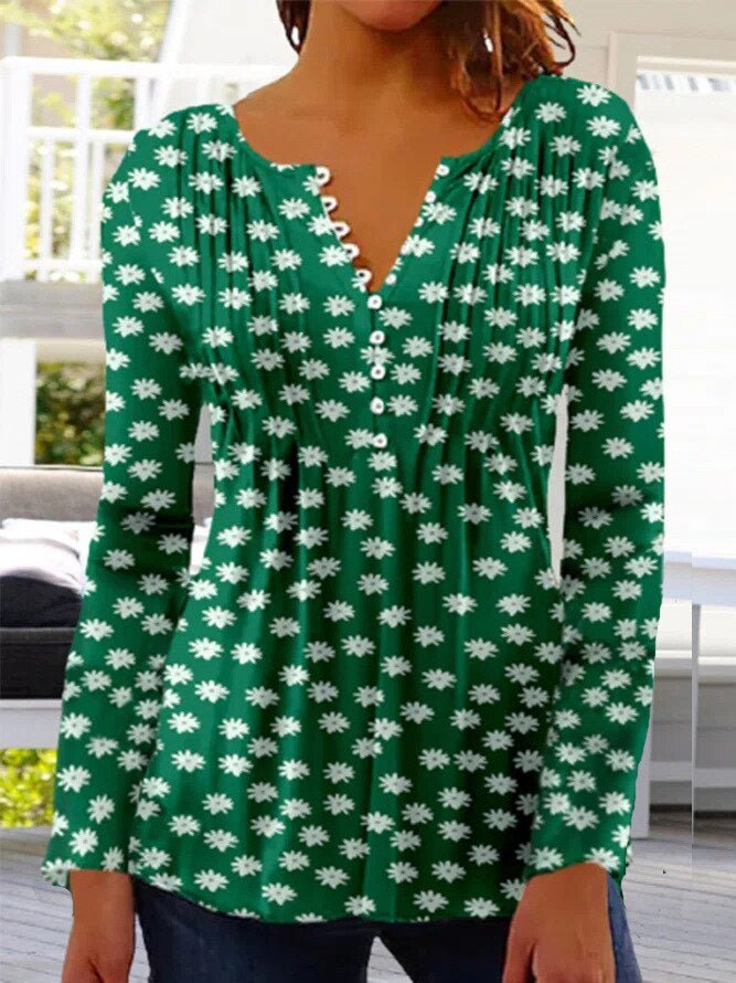 Effortless Blouse for Women Floral-Print Henley Long-Sleeve