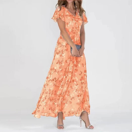 Elegant Maxi Dress for Women Flutter-Sleeve Floral-Print V-Neck