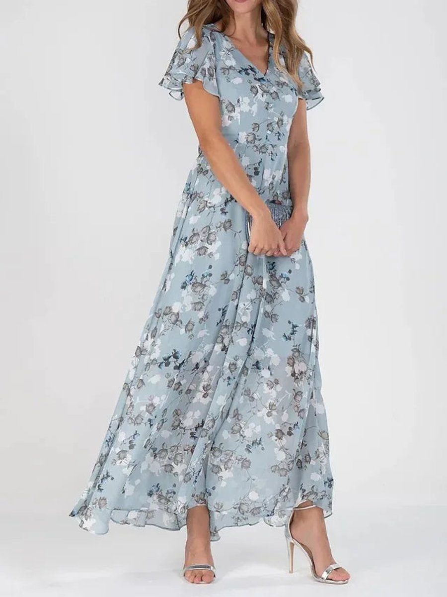 Elegant Maxi Dress for Women Flutter-Sleeve Floral-Print V-Neck