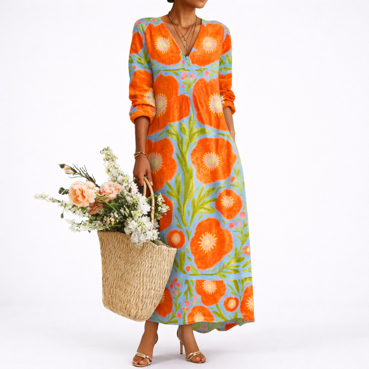 Elegant Maxi Dress for Women V-Neck Floral-Print Long-Sleeve