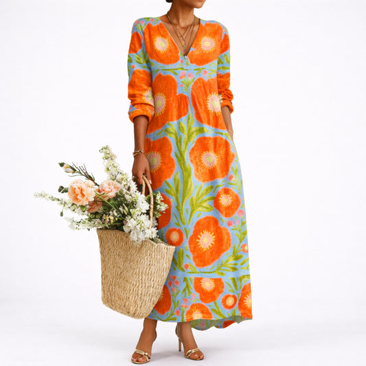Elegant Maxi Dress for Women V-Neck Floral-Print Long-Sleeve