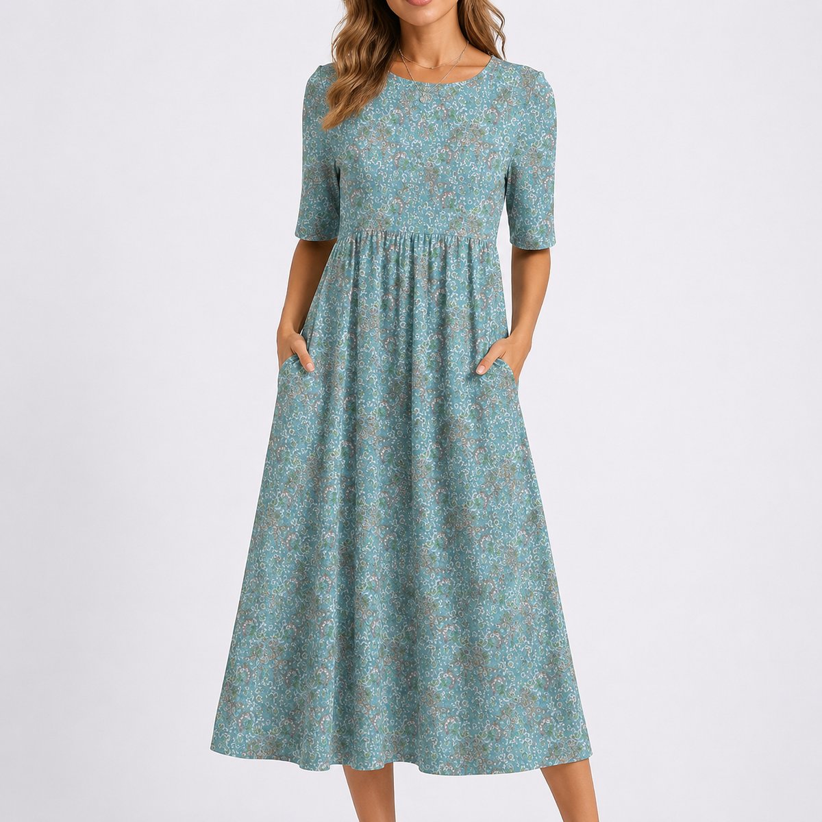 Elegant Midi Dress for Women Gathered-Waist Floral-Print
