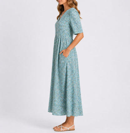Elegant Midi Dress for Women Gathered-Waist Floral-Print