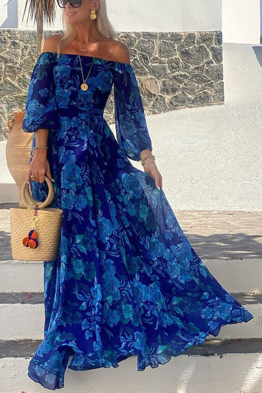 Elegant Maxi Dress for Women Floral Off-Shoulder Long-Sleeve