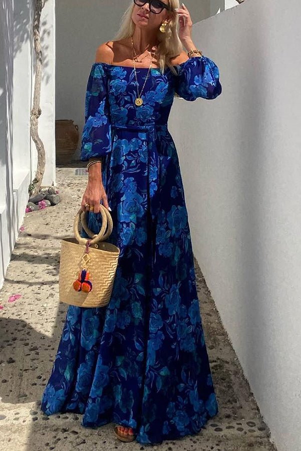 Elegant Maxi Dress for Women Floral Off-Shoulder Long-Sleeve