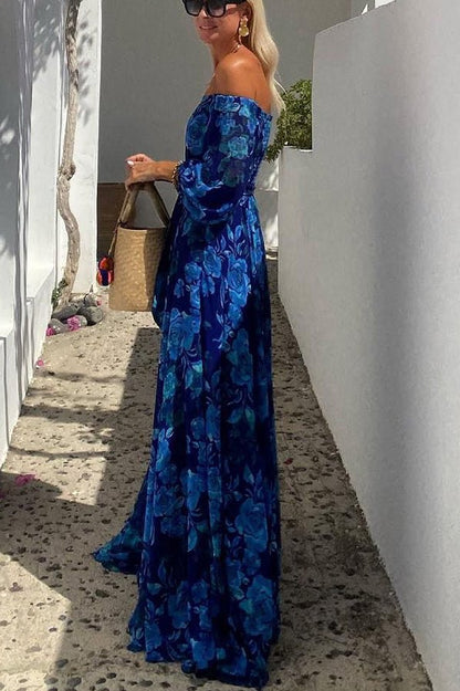 Elegant Maxi Dress for Women Floral Off-Shoulder Long-Sleeve