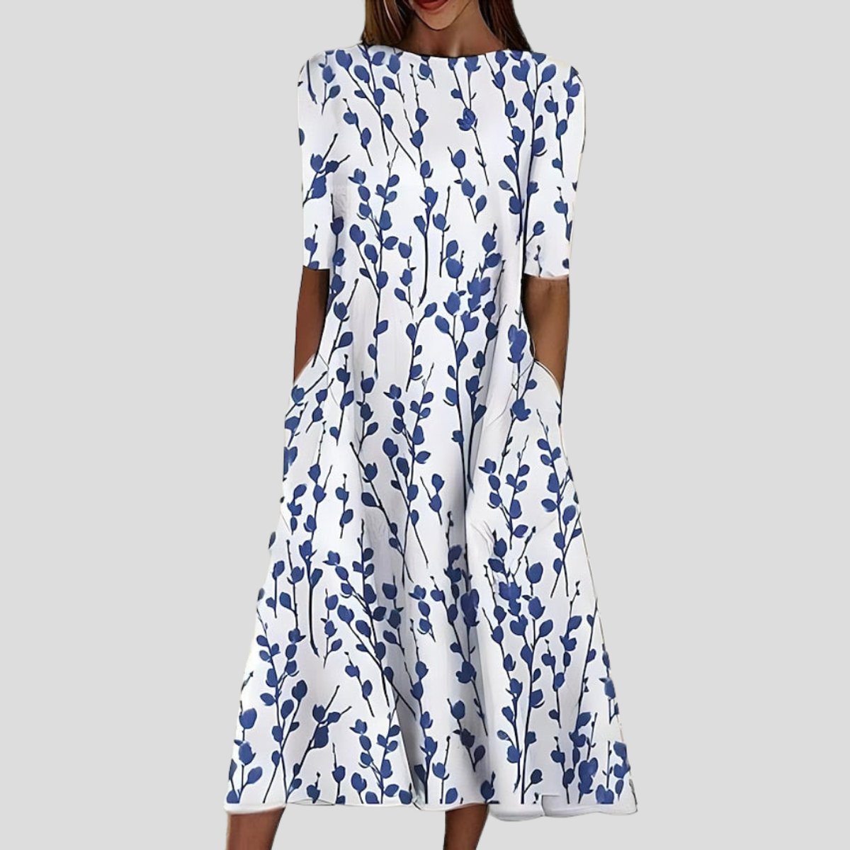 Elegant Midi Dress for Women A-Line Floral-Print Short-Sleeve