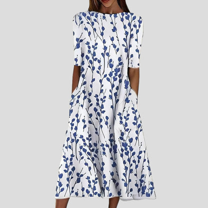 Elegant Midi Dress for Women A-Line Floral-Print Short-Sleeve