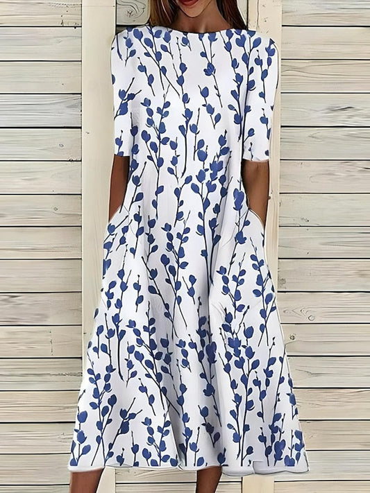 Elegant Midi Dress for Women A-Line Floral-Print Short-Sleeve