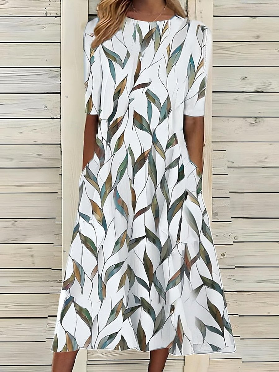Elegant Midi Dress for Women A-Line Floral-Print Short-Sleeve