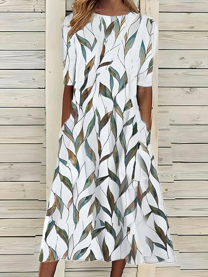 Elegant Midi Dress for Women A-Line Floral-Print Short-Sleeve