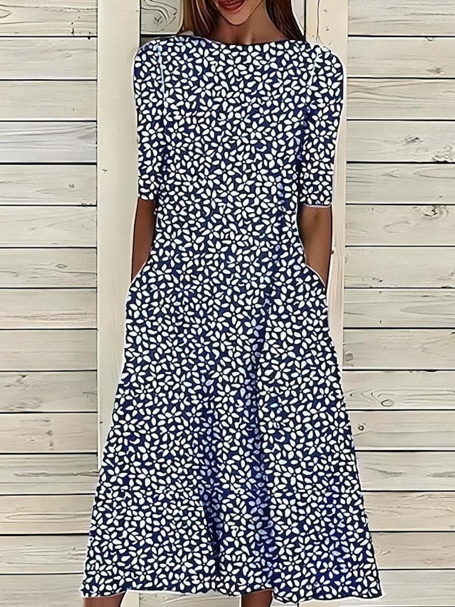 Elegant Midi Dress for Women A-Line Floral-Print Short-Sleeve