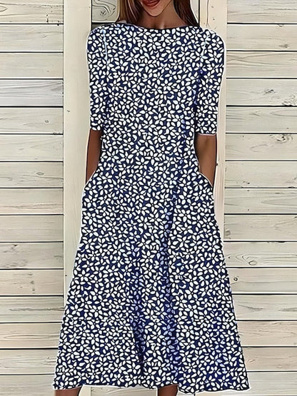 Elegant Midi Dress for Women A-Line Floral-Print Short-Sleeve
