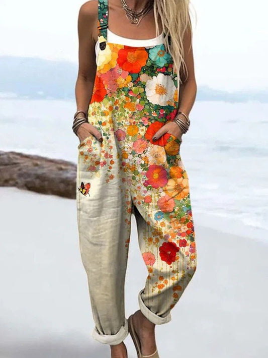 Effortless Overalls for Women Sleeveless Floral-Print Wide-Leg