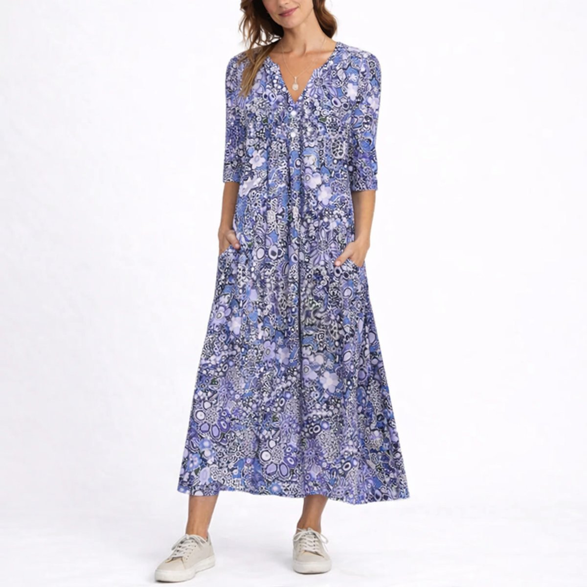 Effortless Maxi Dress for Women V-Neck Floral-Print Button-Front