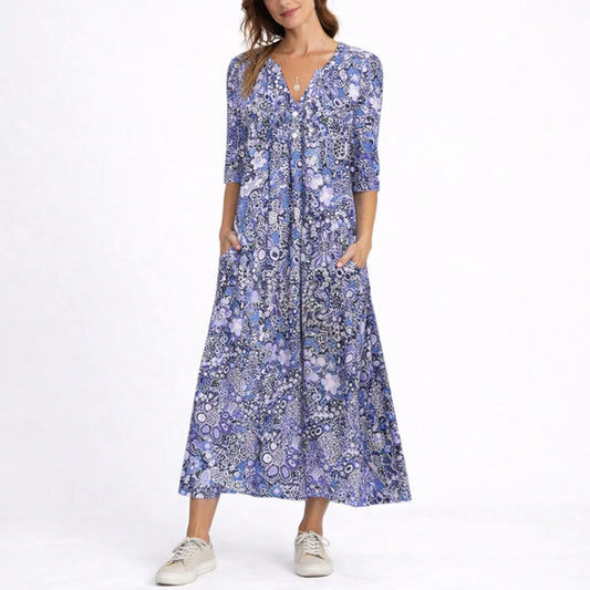 Effortless Maxi Dress for Women V-Neck Floral-Print Button-Front