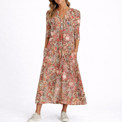 Effortless Maxi Dress for Women V-Neck Floral-Print Button-Front