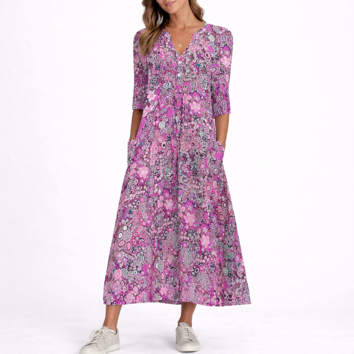 Effortless Maxi Dress for Women V-Neck Floral-Print Button-Front