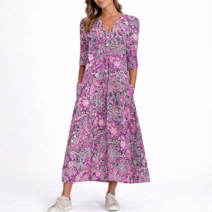 Effortless Maxi Dress for Women V-Neck Floral-Print Button-Front