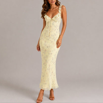 Elegant Maxi Dress for Women Ruffle-Strap Floral-Print Fitted