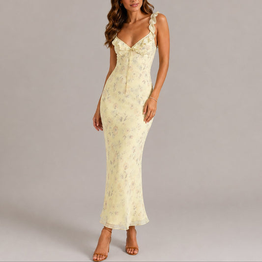 Elegant Maxi Dress for Women Ruffle-Strap Floral-Print Fitted
