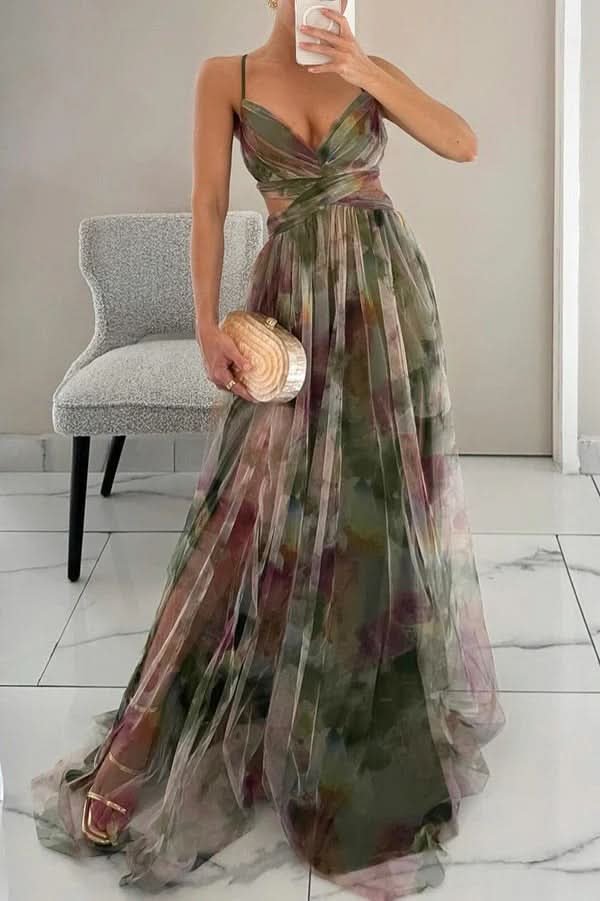 Elegant Maxi Dress for Women Floral Tulle Sleeveless