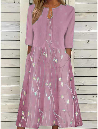Effortless Midi Dress for Women A-Line Floral-Print