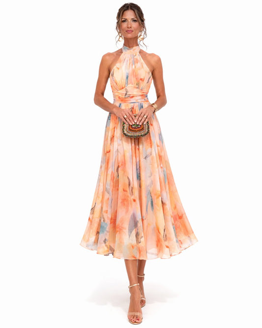 Elegant Midi Dress for Women Halter Watercolor-Print