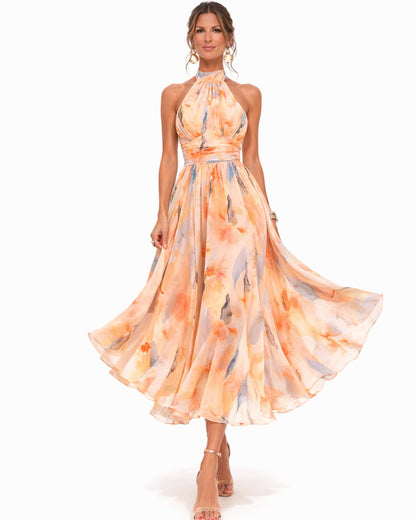 Elegant Midi Dress for Women Halter Watercolor-Print