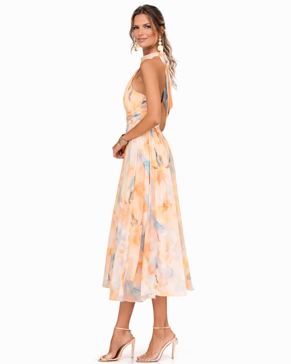 Elegant Midi Dress for Women Halter Watercolor-Print