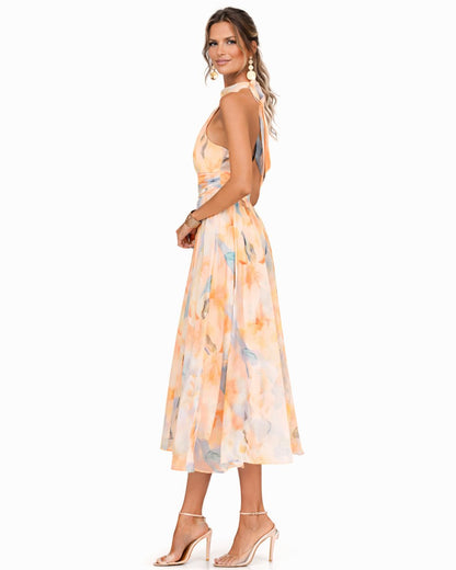 Elegant Midi Dress for Women Halter Watercolor-Print
