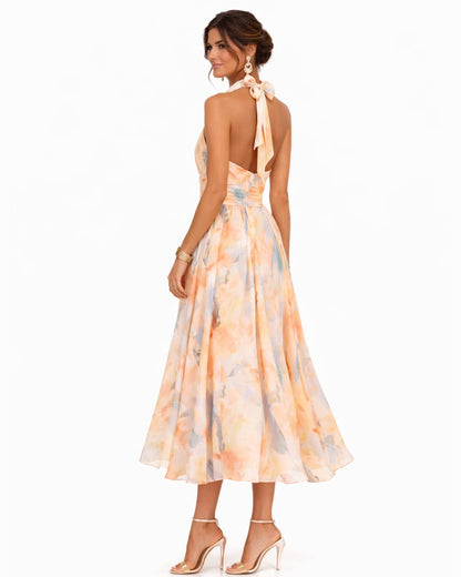 Elegant Midi Dress for Women Halter Watercolor-Print