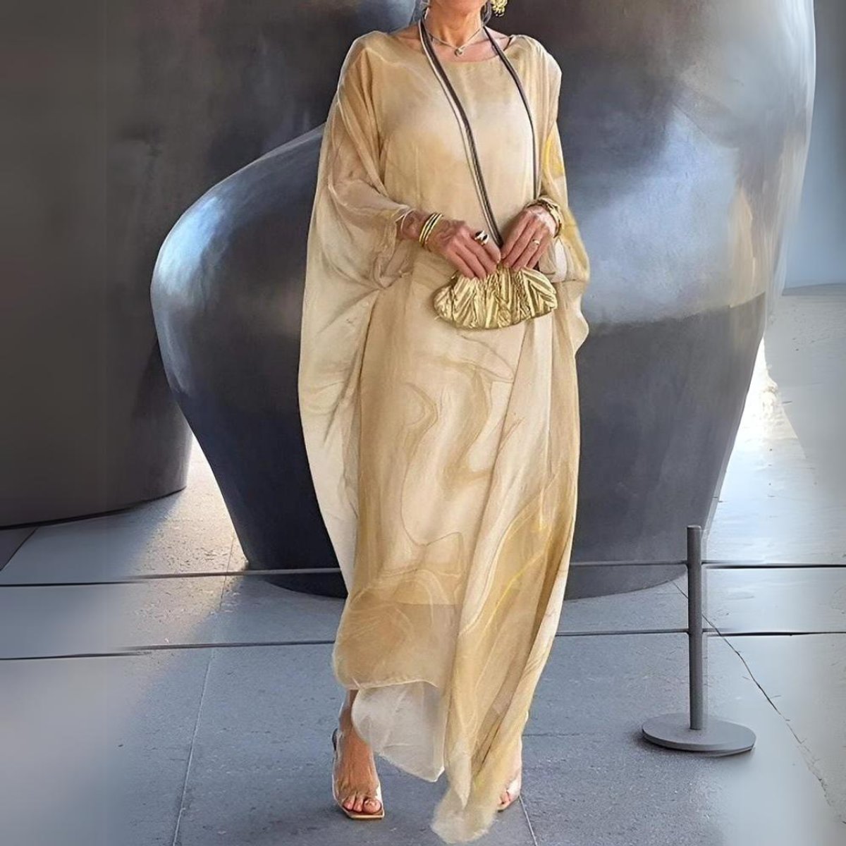 Elegant Maxi Dress for Women Batwing-Sleeve Crewneck Flowy