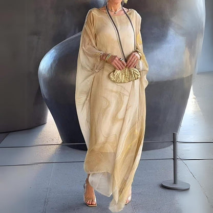 Elegant Maxi Dress for Women Batwing-Sleeve Crewneck Flowy