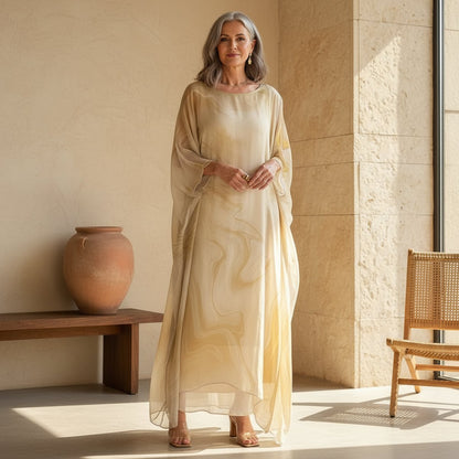 Elegant Maxi Dress for Women Batwing-Sleeve Crewneck Flowy