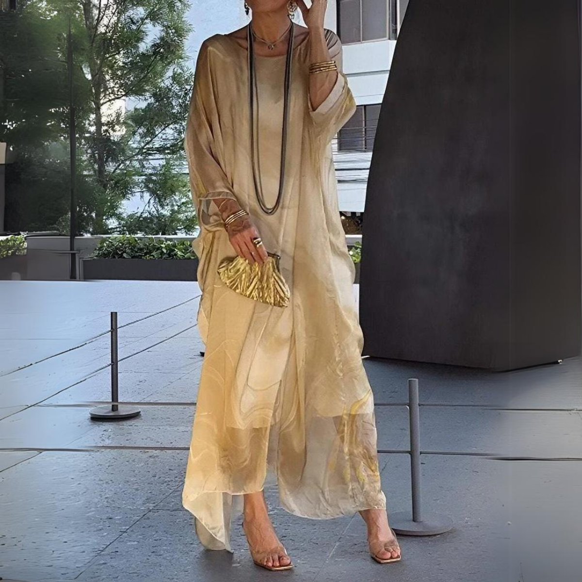 Elegant Maxi Dress for Women Batwing-Sleeve Crewneck Flowy