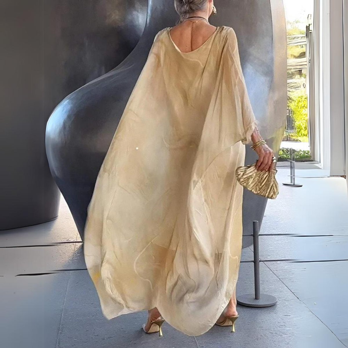 Elegant Maxi Dress for Women Batwing-Sleeve Crewneck Flowy