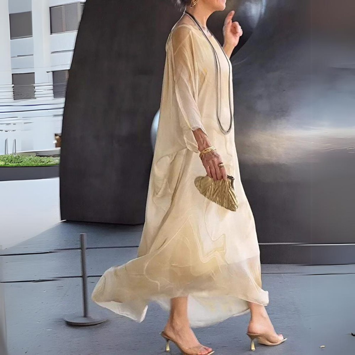 Elegant Maxi Dress for Women Batwing-Sleeve Crewneck Flowy