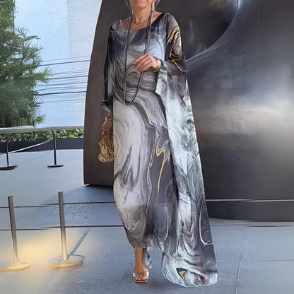 Elegant Maxi Dress for Women Batwing-Sleeve Crewneck Flowy