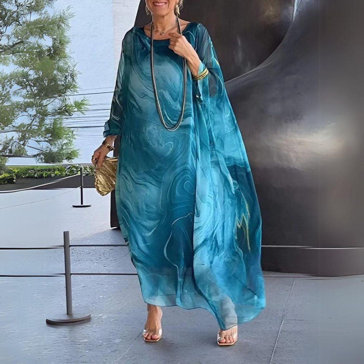 Elegant Maxi Dress for Women Batwing-Sleeve Crewneck Flowy