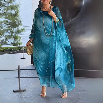 Elegant Maxi Dress for Women Batwing-Sleeve Crewneck Flowy