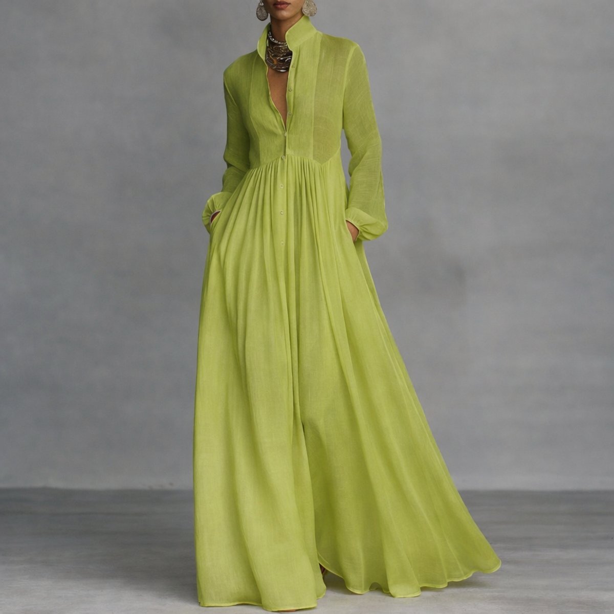 Elegant Maxi Dress for Women Collared Long-Sleeve