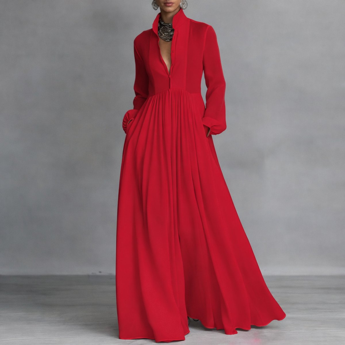 Elegant Maxi Dress for Women Collared Long-Sleeve