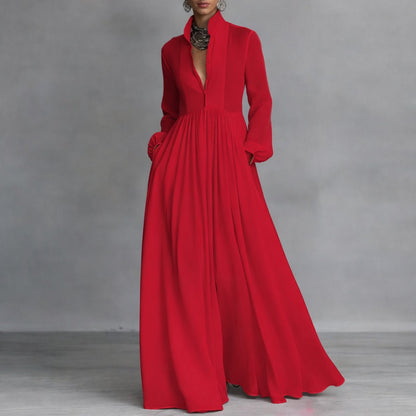 Elegant Maxi Dress for Women Collared Long-Sleeve