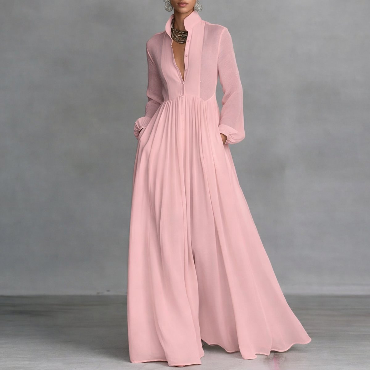 Elegant Maxi Dress for Women Collared Long-Sleeve