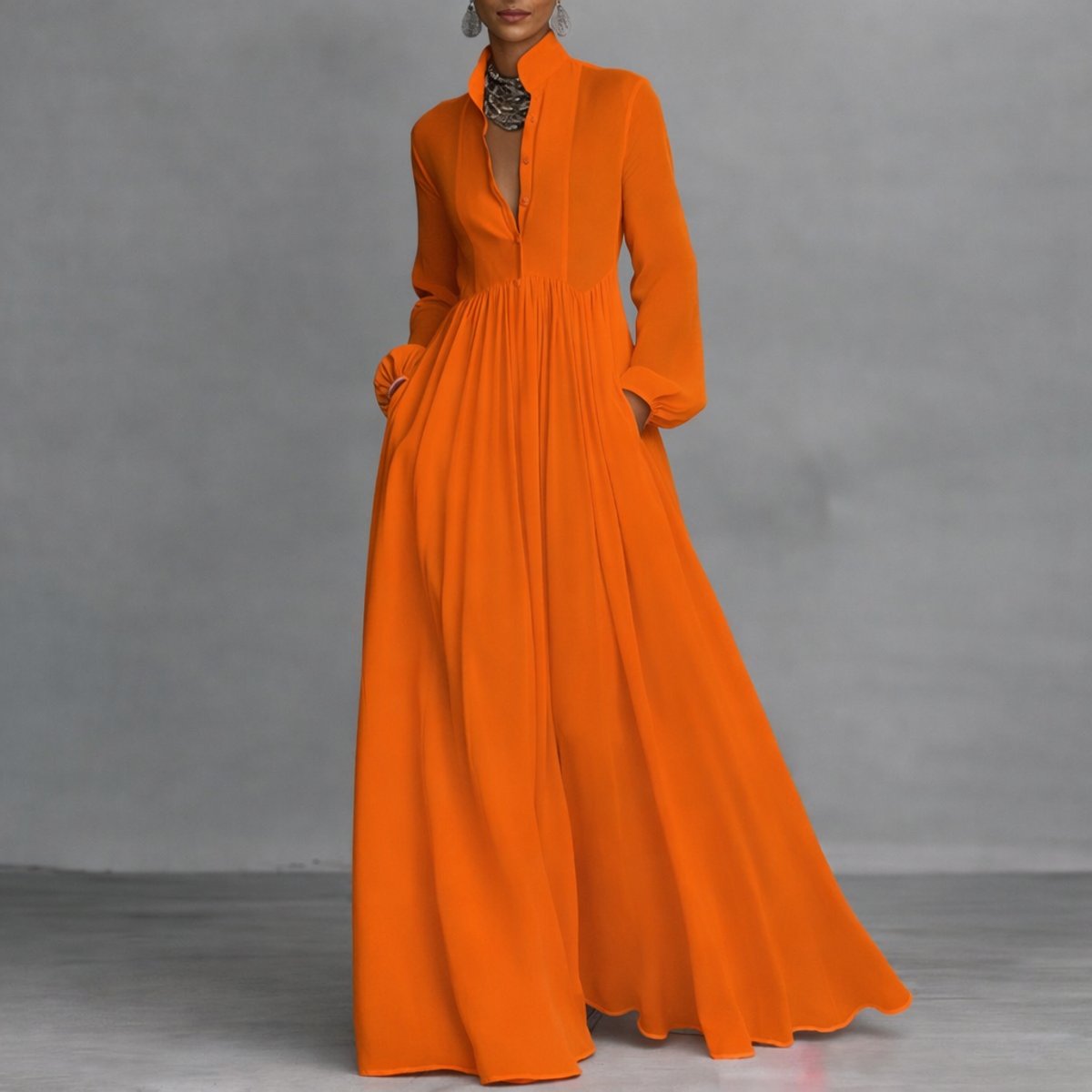 Elegant Maxi Dress for Women Collared Long-Sleeve