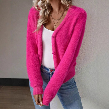 Stylish Cardigan for Women V-Neck Button-Front Fluffy-Knit
