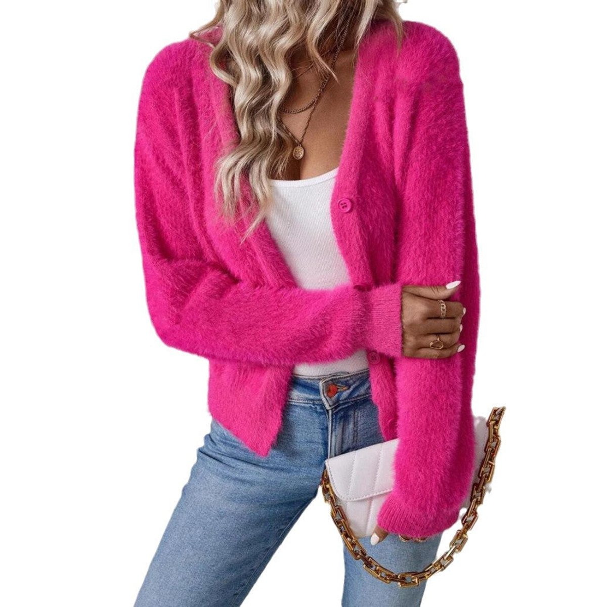 Stylish Cardigan for Women V-Neck Button-Front Fluffy-Knit